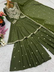 Heavy Work Mehndi Color Glimmering Sharara Suit Heavy Work Mehndi Color Glimmering Sharara Suit