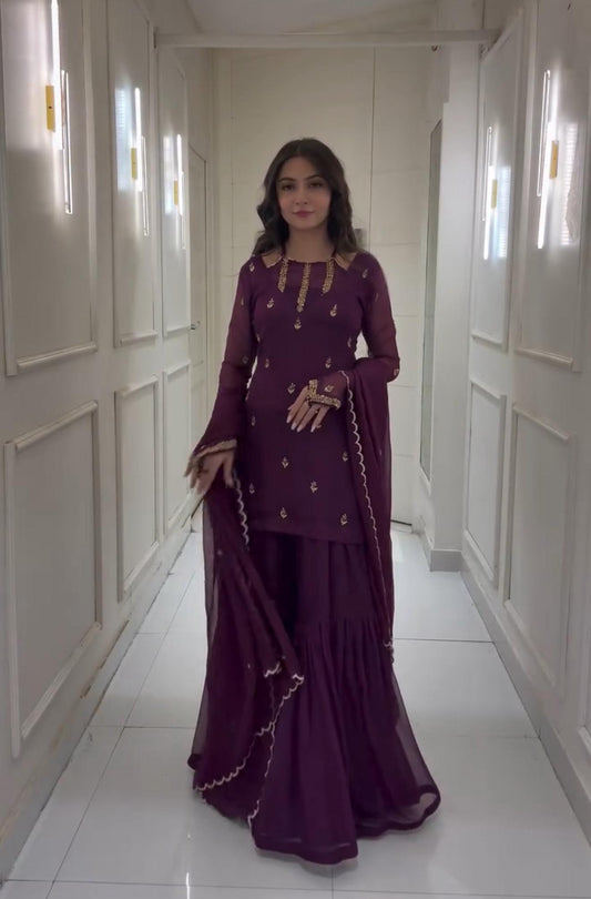 Round Neck Purple Color Stylish Palazzo Suit