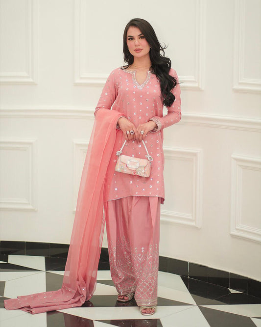 Lovely Peach Color Chinon Silk Salwar Suit