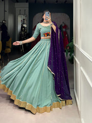 Designer Navratri Gamthi Work Rama Color Lehenga Choli Designer Navratri Gamthi Work Rama Color Lehenga Choli