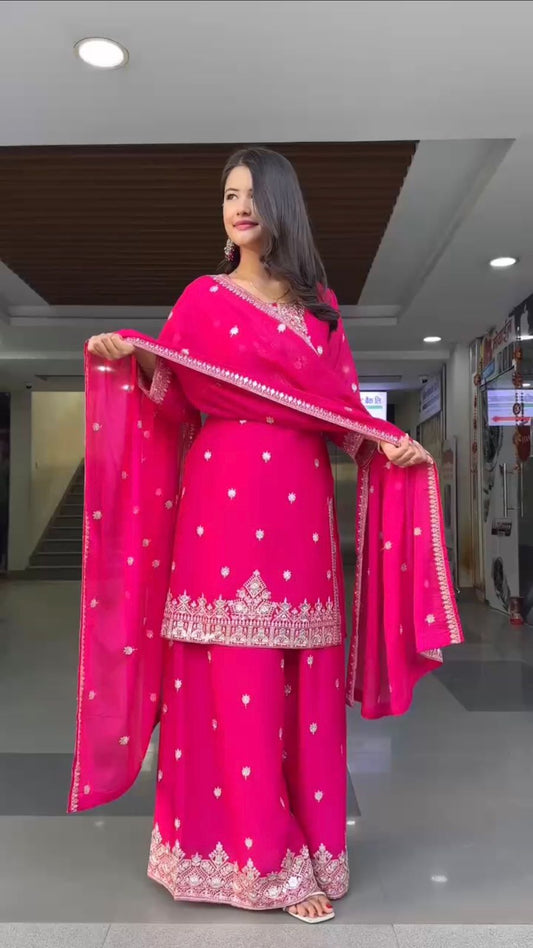 Georgette Pink Color Palazzo Set With Dupatta