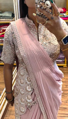 Glossy Embroidery Work Peach Color Ready To Wear Saree Glossy Embroidery Work Peach Color Ready To Wear Saree
