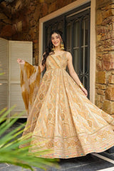 Trendy Peach Organza Digital Print Gown Trendy Peach Organza Digital Print Gown