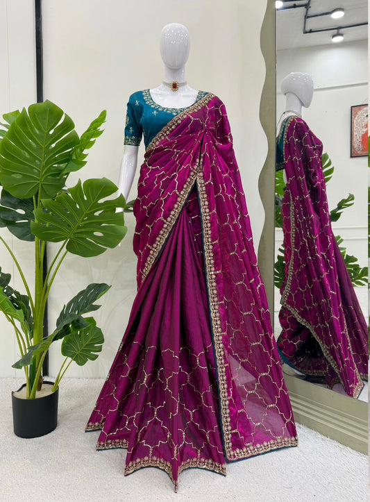 Festive Wear Wine Color Sequence Work Saree