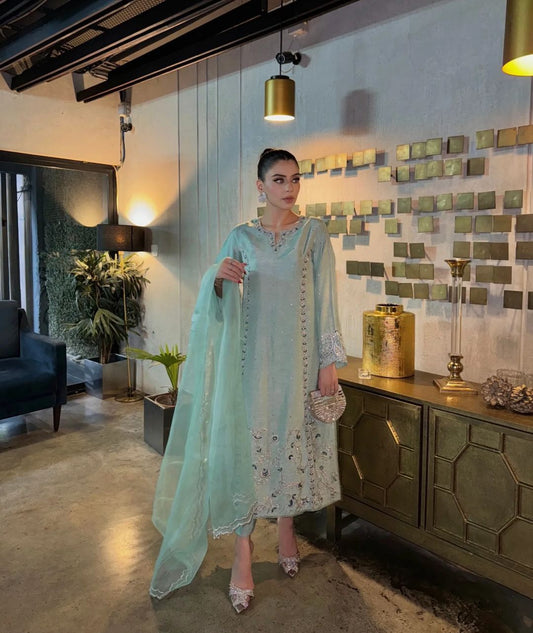 Preferable Thread And Sequence Work Teal Blue Color Salwar suit