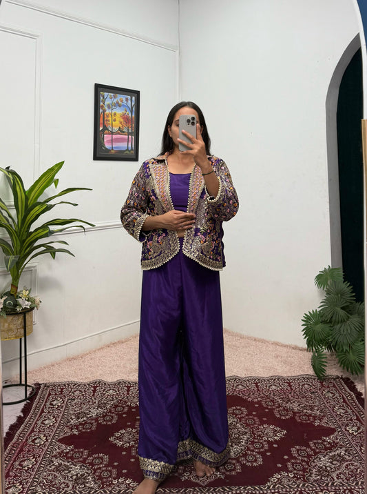 Admiring Embroidery Work Purple Color Palazzo Top With Koti