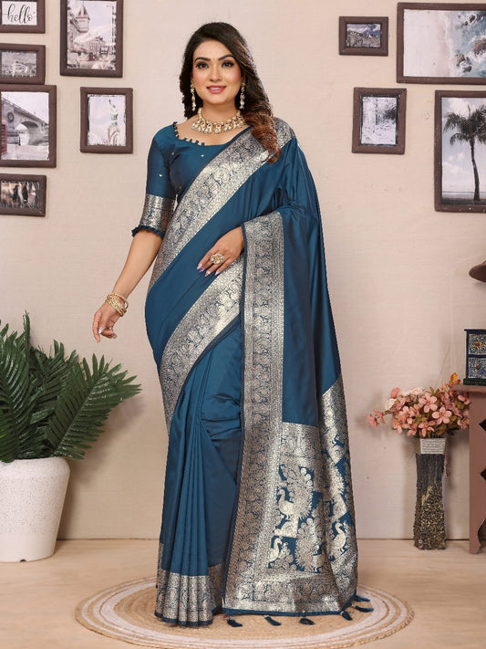 Luxuriant Banarasi Silk Teal Blue Color Saree