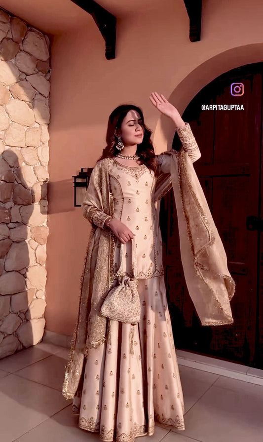 Stunning Embroidery Work Beige Color Sharara Suit