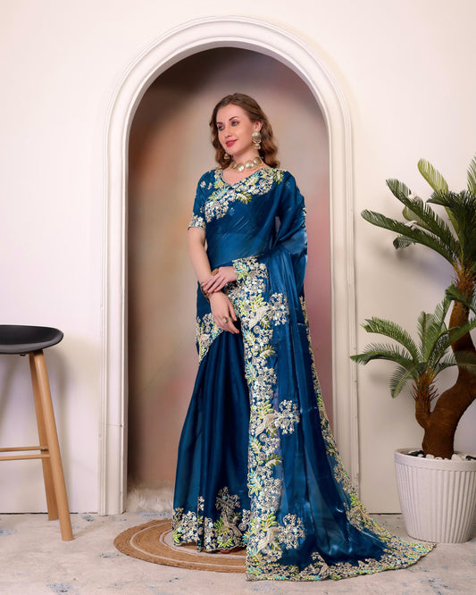 Traditional Wear Embroidery Work Teal Blue Color Saree