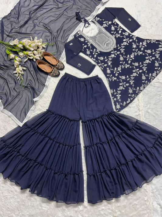 Function Wear Embroidery Work Navy Blue Color Sharara Suit