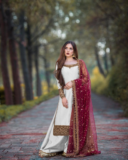 Awesome Sequence Work White Color Top Palazzo With Dupatta