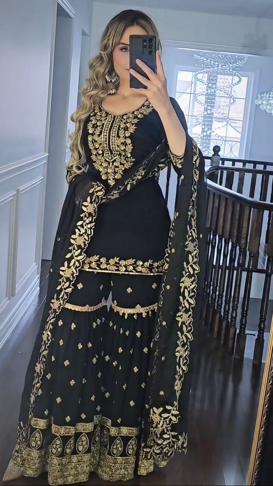 Occasion Wear Black Colour Embroidery Work Sharara Suit