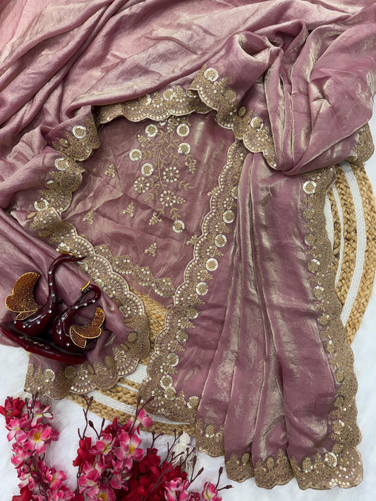 Beautiful Silk Embroidery Work Pink Color Saree