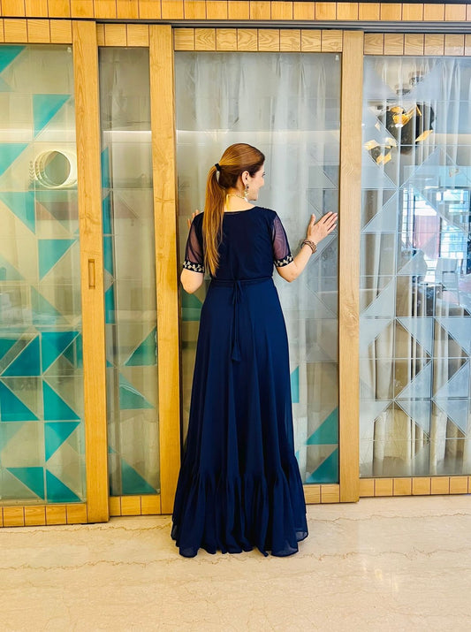 Wonderful Embroidery Work Navy Blue Color Gown With Koti