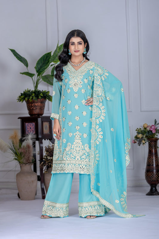 Elegant Embroidered Sky Blue Color Palazzo Suit Set