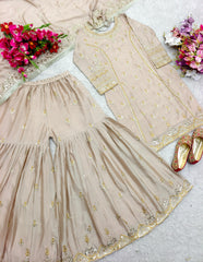 Stunning Embroidery Work Beige Color Sharara Suit Stunning Embroidery Work Beige Color Sharara Suit