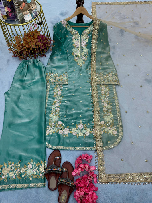 Stunning Sequence Work Teal Blue Color Palazzo Suit