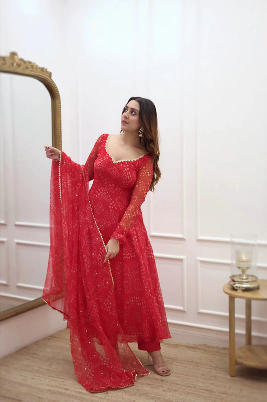 Pretty Georgette Printed Red Color Anarkali Gown