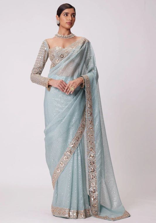 Delightful Original Mirror Sequence Work Sky Blue Color Saree