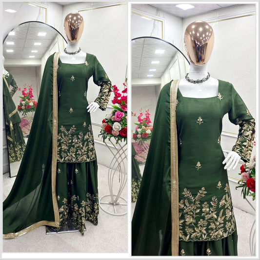 Glorious Embroidery Work Green Color Sharara Suit