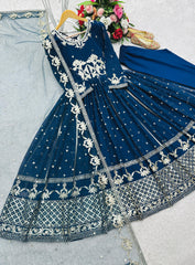 Trendy Blue Georgette Sequence Work Gown Trendy Blue Georgette Sequence Work Gown