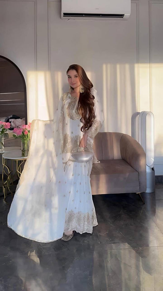 Gorgeous Heavy Work White Color Sharara Suit