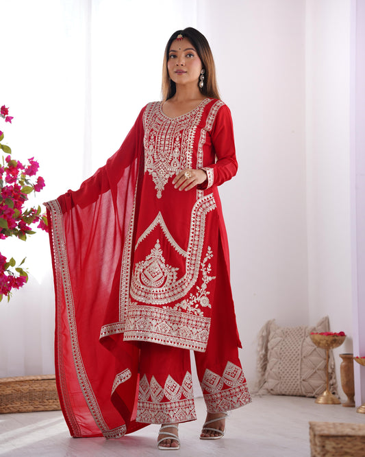 Charming Embroidery Work Red Color Palazzo Suit