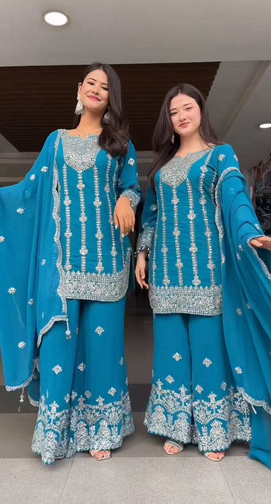 Attractive Sky Blue Chinon Silk Sequence Work Palazzo Suit
