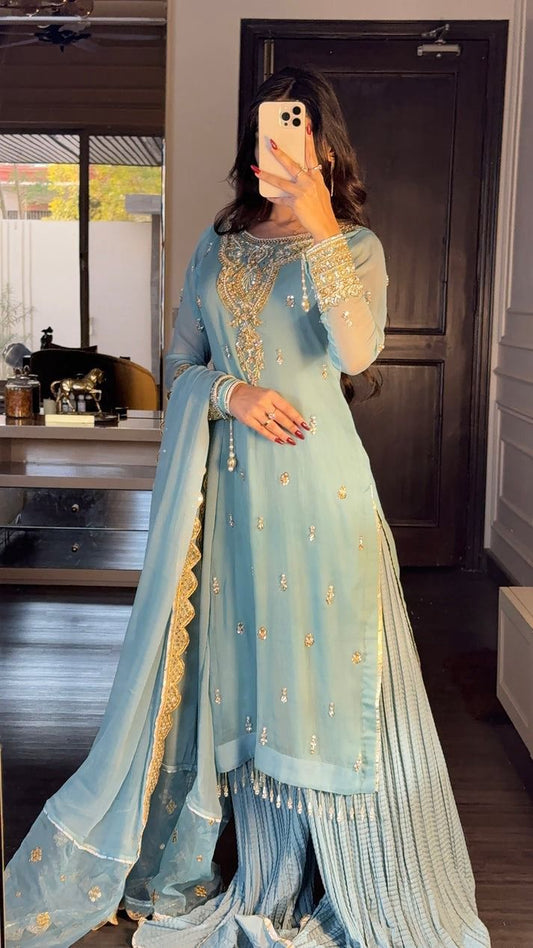 Sky Blue Color Embroidery Work Sharara Suit