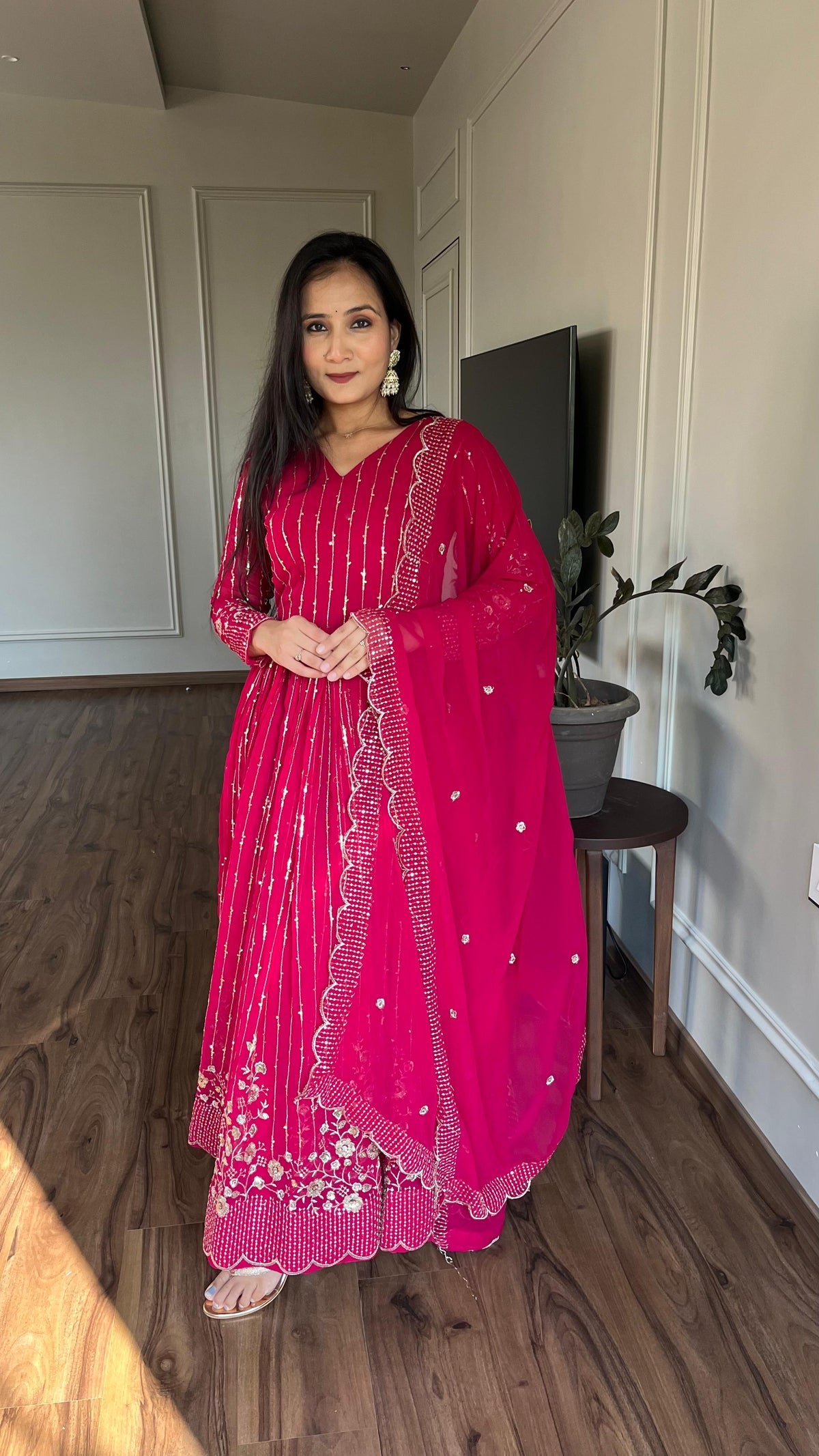 Elegant Embroidery Work Pink Color Gown