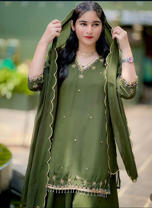 Captivating Green Color Embroidered Sharara Suit