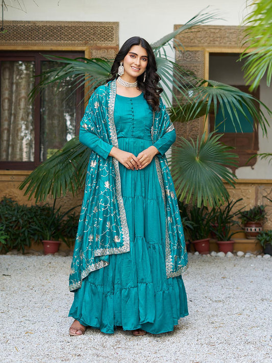 Function Wear Vichitra Silk Sky Blue Color Gown