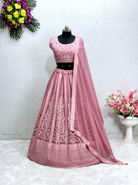 Designer Georgette Embroidered Work Pink Color Lehenga Choli