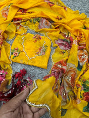 Classy Floral Print Yellow Color Cut Work Saree Classy Floral Print Yellow Color Cut Work Saree