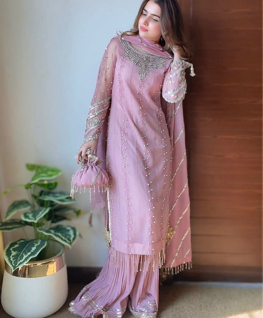 Pretty Moti Work Pink Color Sharara Suit