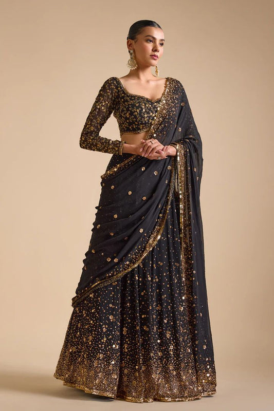 Function Wear Georgette Embroidery Work Black Color Lehenga Choli