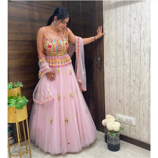 Light Pink Wedding & Party Wear Light Pink Double layer net lehenga Choli
