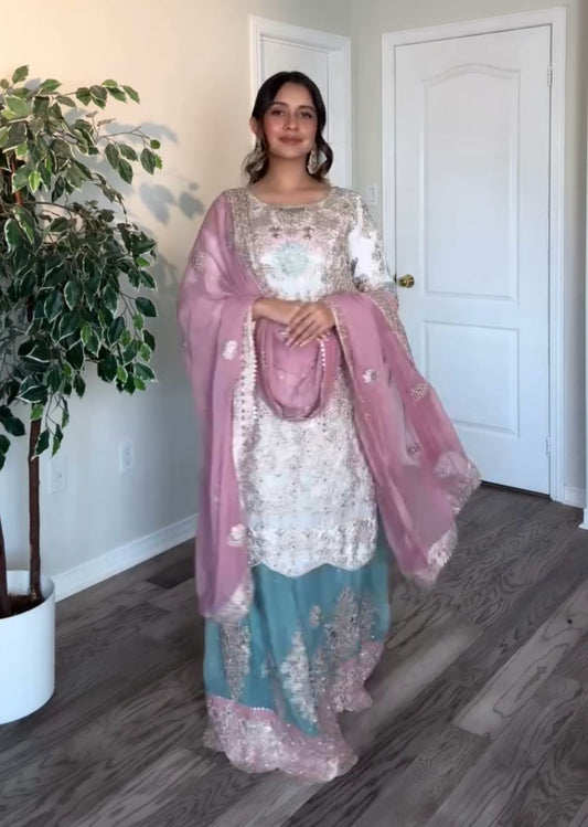 Stunning Georgette White Color Palazzo Suit