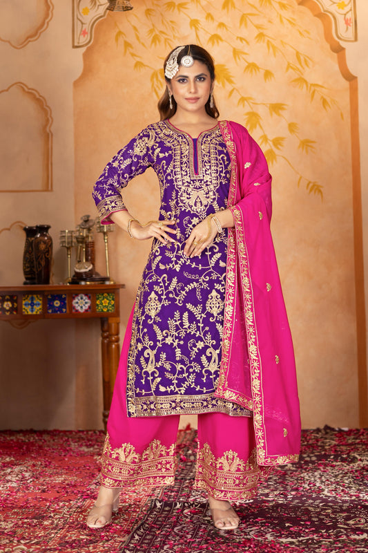 Classic Heavy Work Purple Color Palazzo Suit