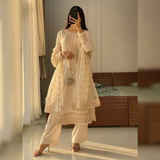 Fabulous Roman Silk Cream Color Salwar Suit