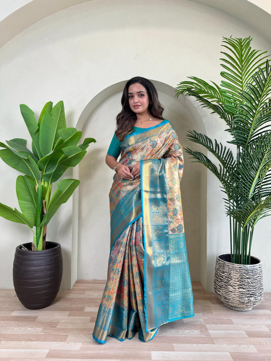 Demanding Kanchipuram Teal Blue Color Saree