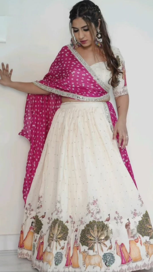 Dola Silk White Color Mill Print Lehenga Choli