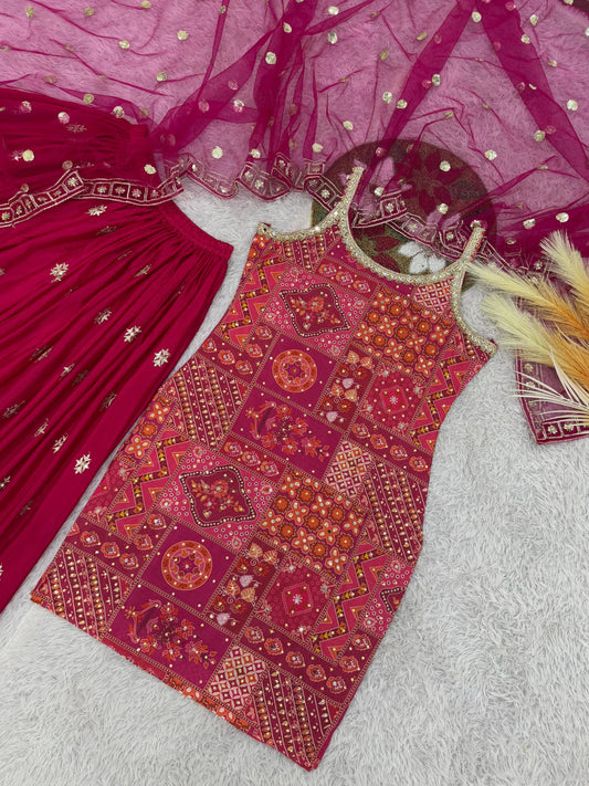 Gorgeous Pink Chinon Silk Sequence Work Sharara Suit
