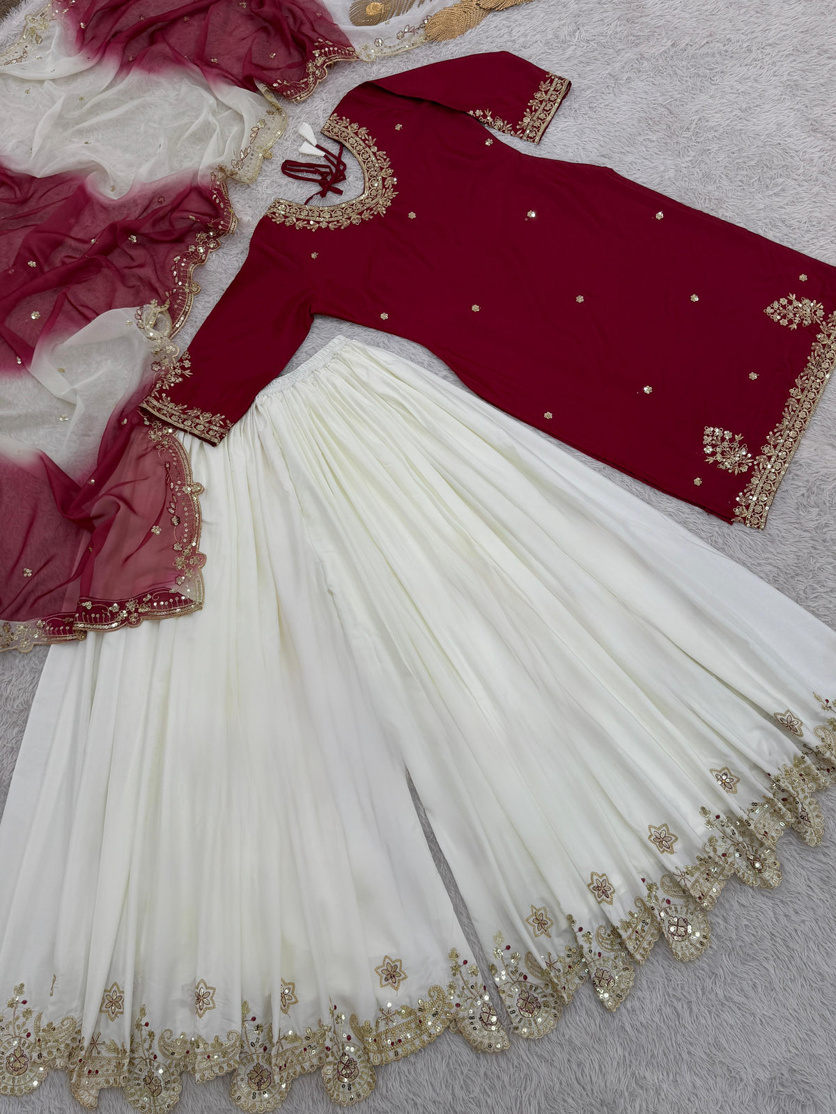 Lovely Maroon Crepe Sequence Work Sharara Suit