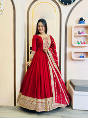 Designer Sequence Work Long Red Gown WIth Dupatta Designer Sequence Work Long Red Gown WIth Dupatta