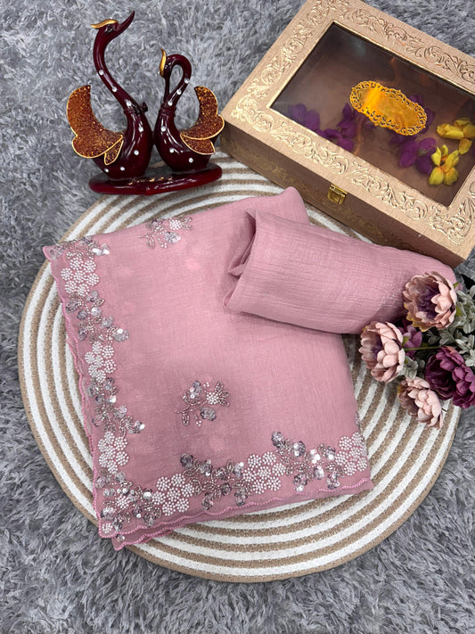 Party Wear Heavy Work Pink Color Stylish Saree