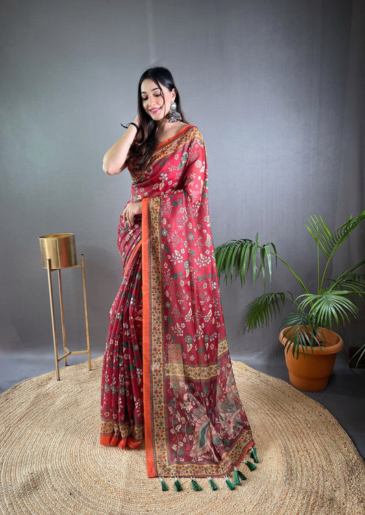 Blissful Malai Cotton Red Color Saree