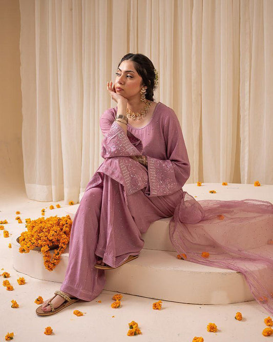Ravishing Pink Georgette Sequence Work Palazzo Suit