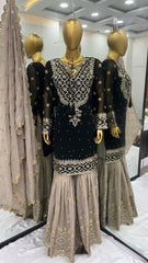Precious Embroidery Sequence Work Black Color Sharara Suit Precious Embroidery Sequence Work Black Color Sharara Suit