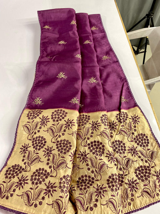 Precious Embroidery Design Purple Color Sarees